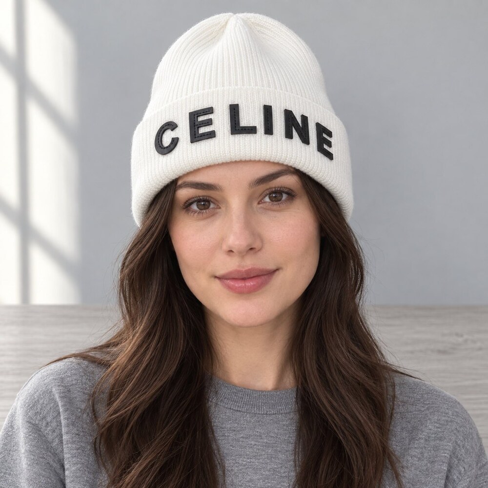 CELINE White Ribbed Knit Beanie - Picture 2 of 6